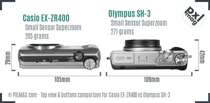 Casio EX-ZR400 vs Olympus SH-3 top view buttons comparison