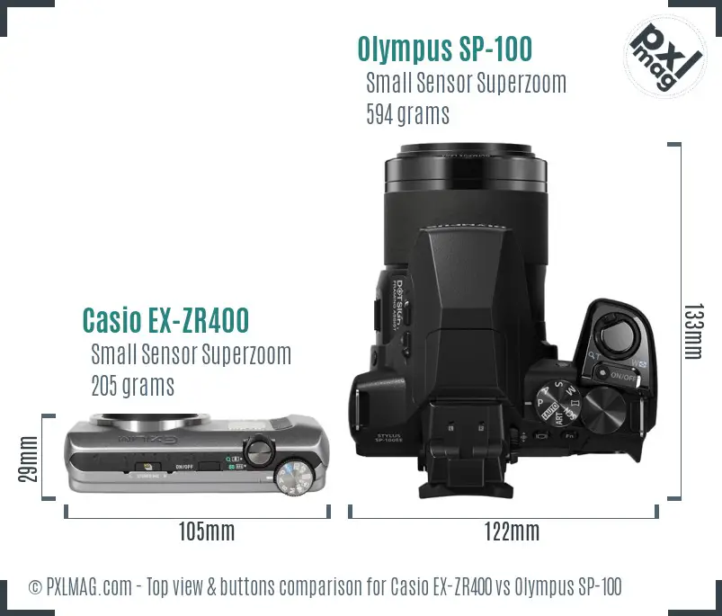 Casio EX-ZR400 vs Olympus SP-100 top view buttons comparison