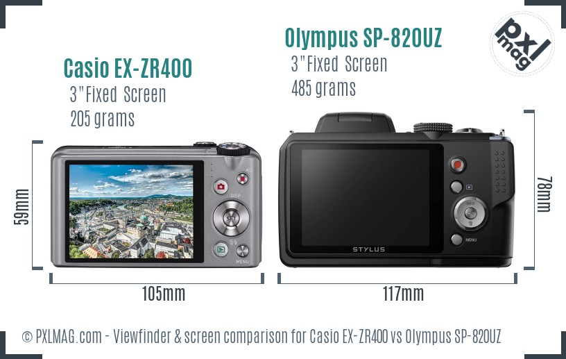 Casio EX-ZR400 vs Olympus SP-820UZ Screen and Viewfinder comparison