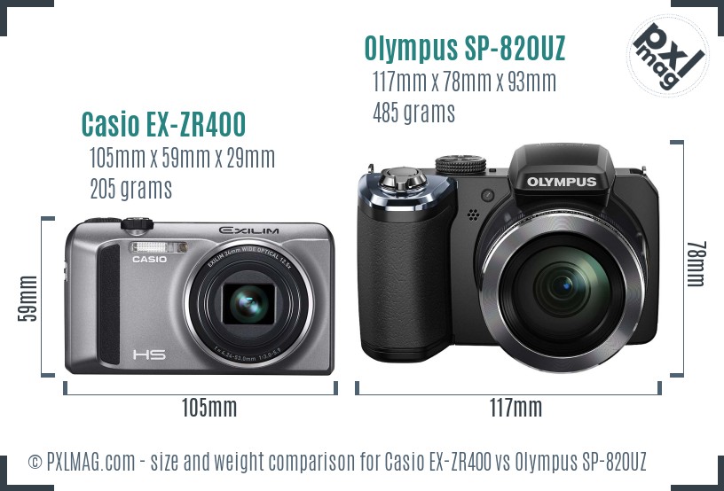 Casio EX-ZR400 vs Olympus SP-820UZ size comparison Casio EX-ZR400 vs Olympus SP-820UZ size comparison