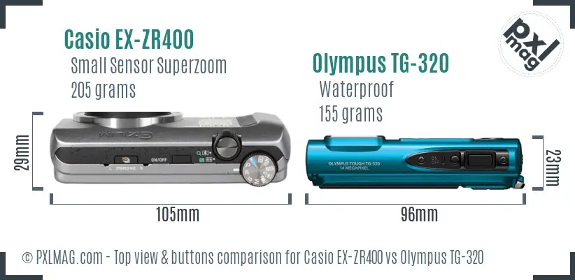 Casio EX-ZR400 vs Olympus TG-320 top view buttons comparison Casio EX-ZR400 vs Olympus TG-320 top view buttons comparison