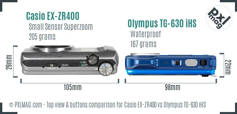 Casio EX-ZR400 vs Olympus TG-630 iHS top view buttons comparison Casio EX-ZR400 vs Olympus TG-630 iHS top view buttons comparison