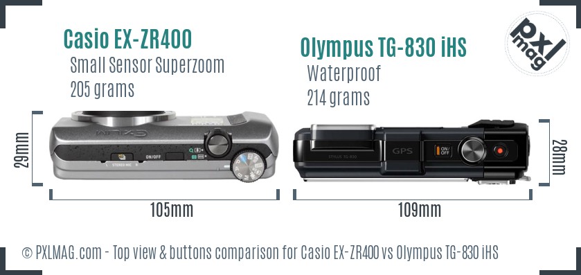 Casio EX-ZR400 vs Olympus TG-830 iHS top view buttons comparison