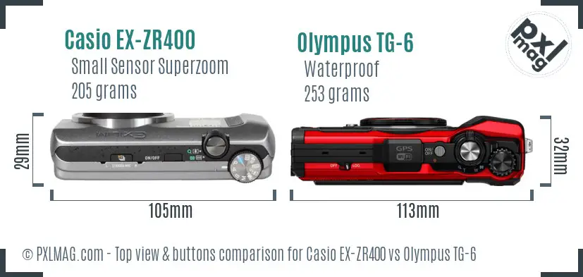 Casio EX-ZR400 vs Olympus TG-6 top view buttons comparison Casio EX-ZR400 vs Olympus TG-6 top view buttons comparison