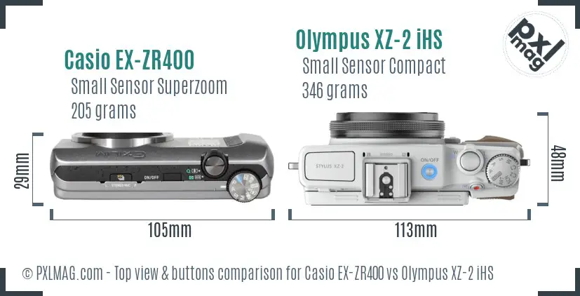 Casio EX-ZR400 vs Olympus XZ-2 iHS top view buttons comparison