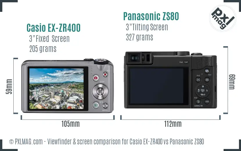 Casio EX-ZR400 vs Panasonic ZS80 Screen and Viewfinder comparison