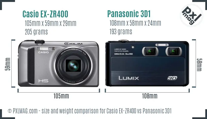 Casio EX-ZR400 vs Panasonic 3D1 size comparison