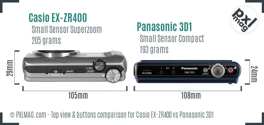 Casio EX-ZR400 vs Panasonic 3D1 top view buttons comparison