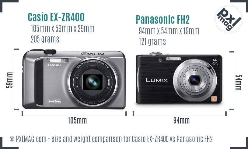 Casio EX-ZR400 vs Panasonic FH2 size comparison