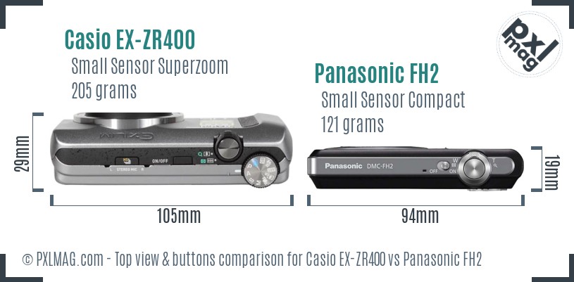 Casio EX-ZR400 vs Panasonic FH2 top view buttons comparison