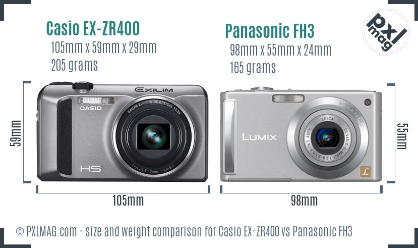 Casio EX-ZR400 vs Panasonic FH3 size comparison