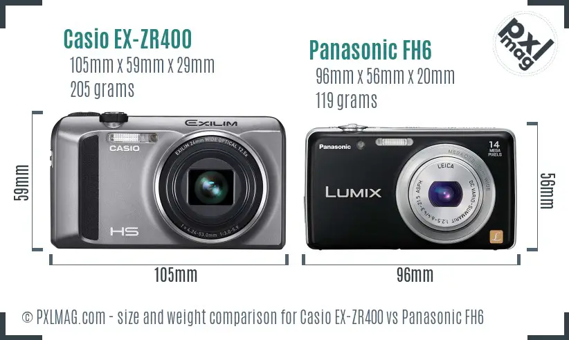 Casio EX-ZR400 vs Panasonic FH6 size comparison