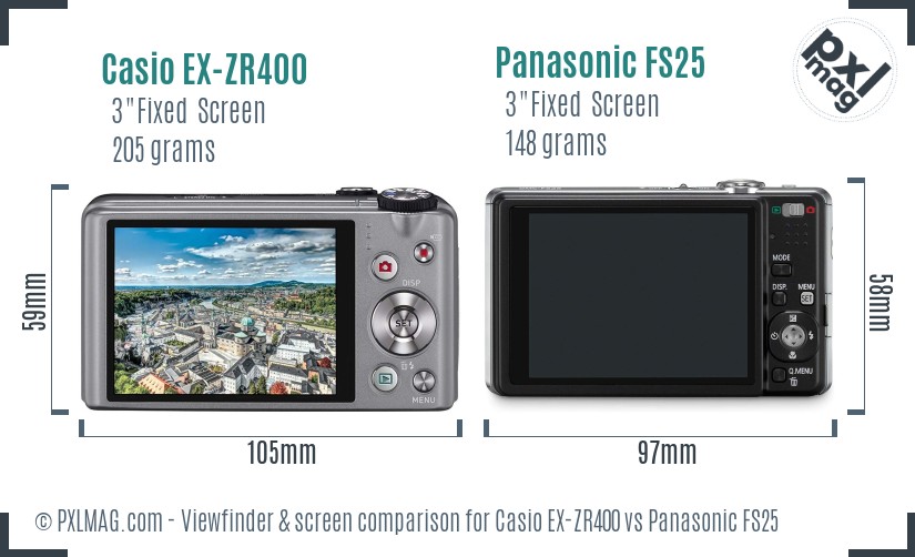 Casio EX-ZR400 vs Panasonic FS25 Screen and Viewfinder comparison