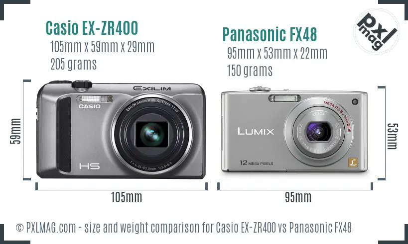 Casio EX-ZR400 vs Panasonic FX48 size comparison