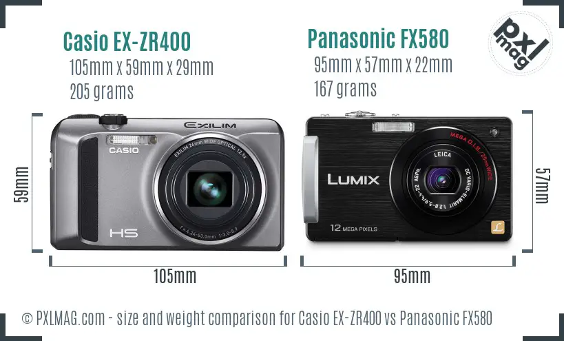 Casio EX-ZR400 vs Panasonic FX580 size comparison