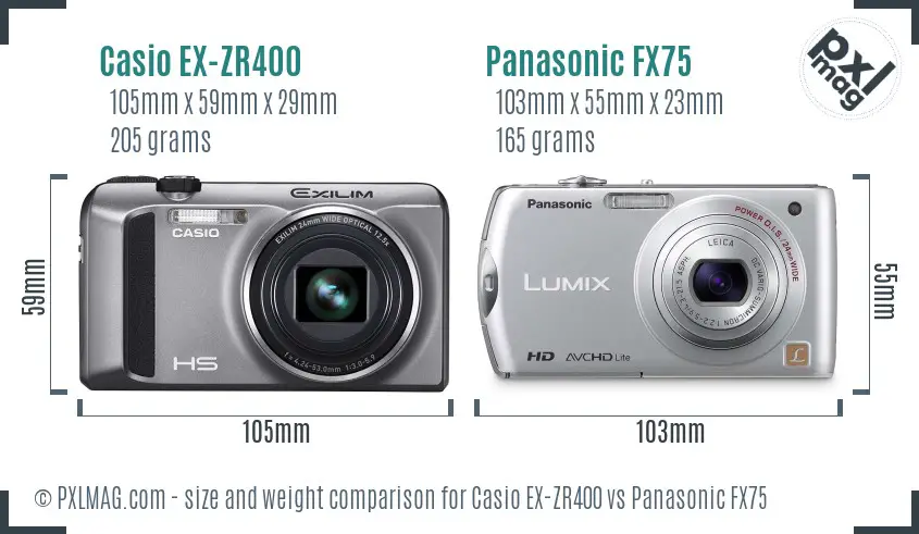 Casio EX-ZR400 vs Panasonic FX75 size comparison