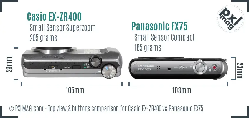 Casio EX-ZR400 vs Panasonic FX75 top view buttons comparison