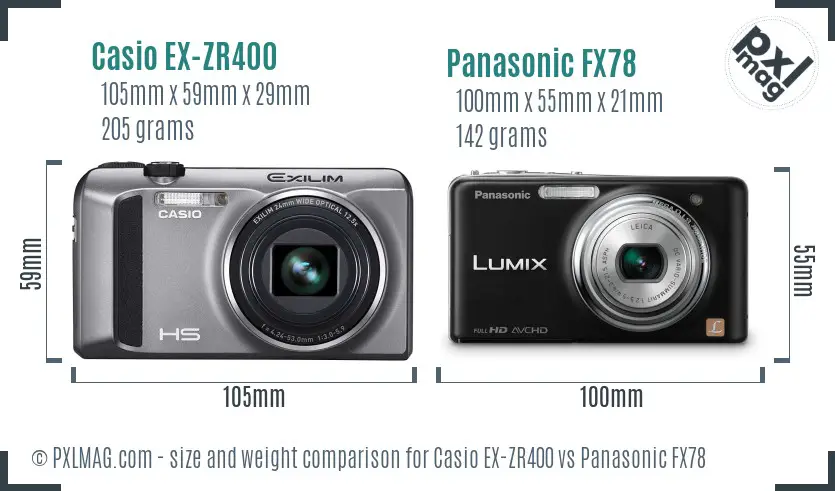 Casio EX-ZR400 vs Panasonic FX78 size comparison