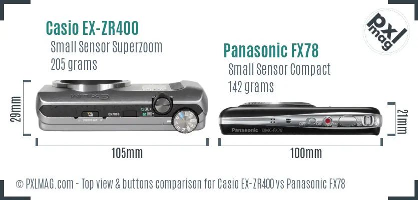 Casio EX-ZR400 vs Panasonic FX78 top view buttons comparison