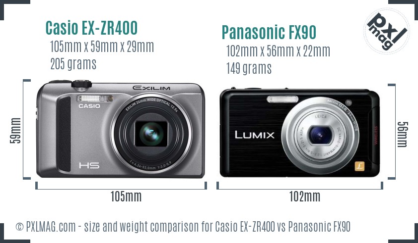 Casio EX-ZR400 vs Panasonic FX90 size comparison