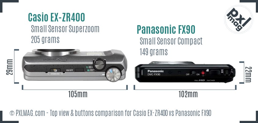 Casio EX-ZR400 vs Panasonic FX90 top view buttons comparison