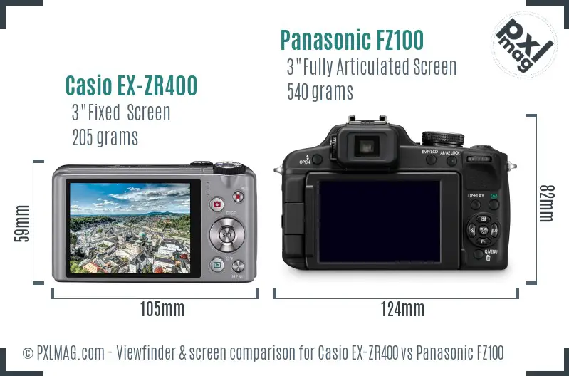 Casio EX-ZR400 vs Panasonic FZ100 Screen and Viewfinder comparison