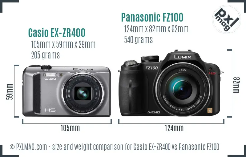Casio EX-ZR400 vs Panasonic FZ100 size comparison