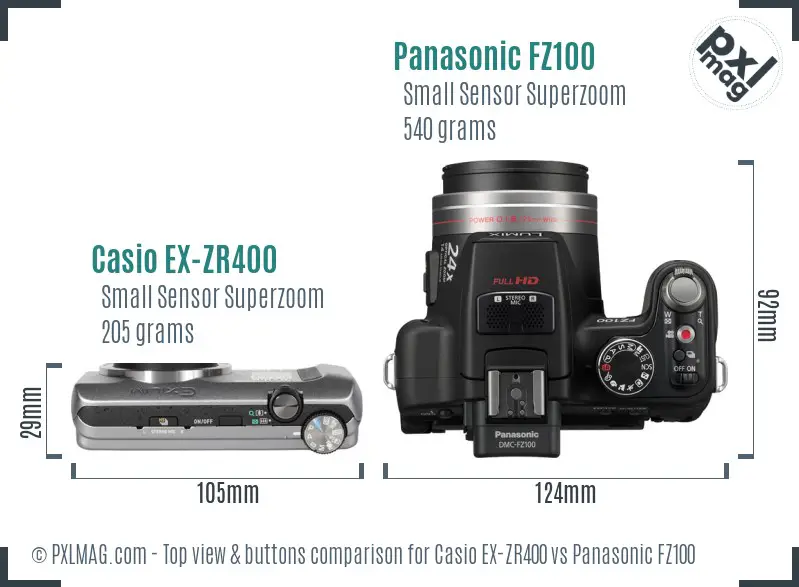 Casio EX-ZR400 vs Panasonic FZ100 top view buttons comparison