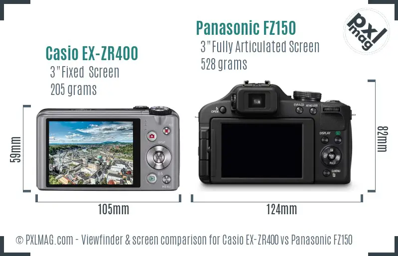 Casio EX-ZR400 vs Panasonic FZ150 Screen and Viewfinder comparison