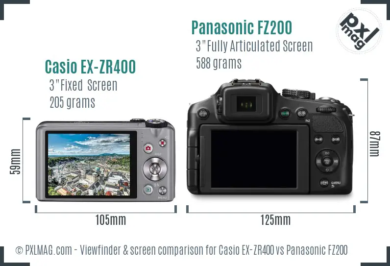 Casio EX-ZR400 vs Panasonic FZ200 Screen and Viewfinder comparison