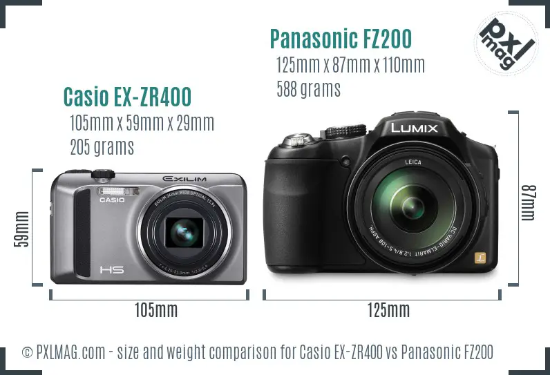 Casio EX-ZR400 vs Panasonic FZ200 size comparison