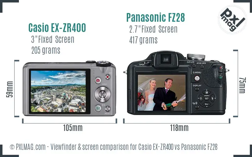 Casio EX-ZR400 vs Panasonic FZ28 Screen and Viewfinder comparison