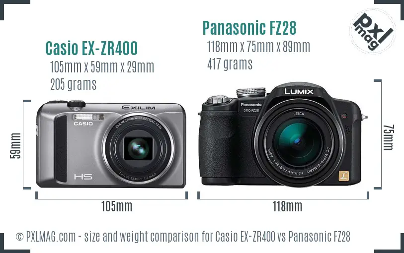 Casio EX-ZR400 vs Panasonic FZ28 size comparison