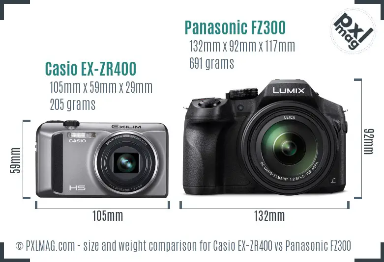 Casio EX-ZR400 vs Panasonic FZ300 size comparison Casio EX-ZR400 vs Panasonic FZ300 size comparison