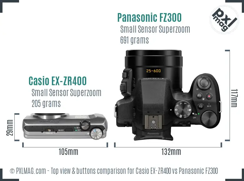 Casio EX-ZR400 vs Panasonic FZ300 top view buttons comparison Casio EX-ZR400 vs Panasonic FZ300 top view buttons comparison
