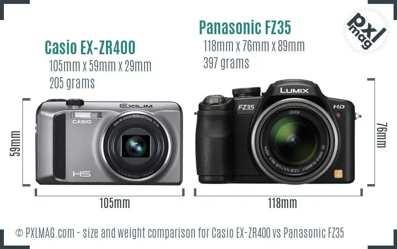 Casio EX-ZR400 vs Panasonic FZ35 size comparison