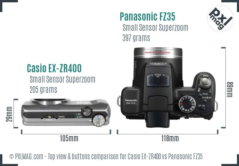 Casio EX-ZR400 vs Panasonic FZ35 top view buttons comparison