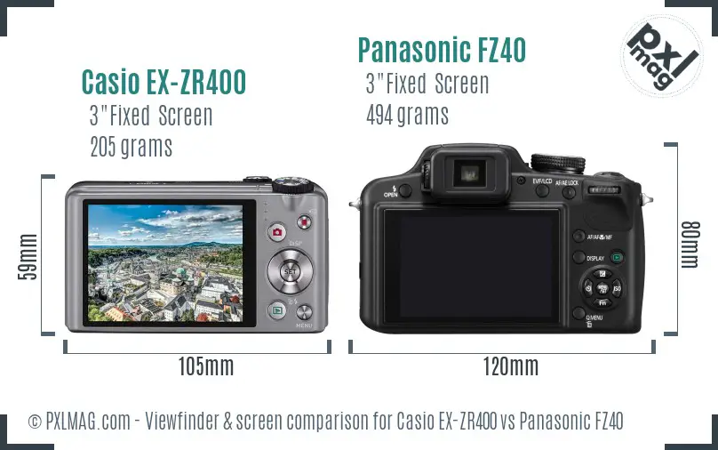 Casio EX-ZR400 vs Panasonic FZ40 Screen and Viewfinder comparison