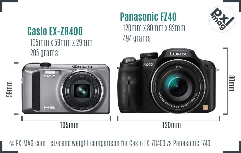 Casio EX-ZR400 vs Panasonic FZ40 size comparison