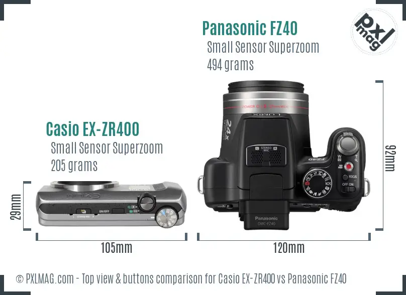 Casio EX-ZR400 vs Panasonic FZ40 top view buttons comparison