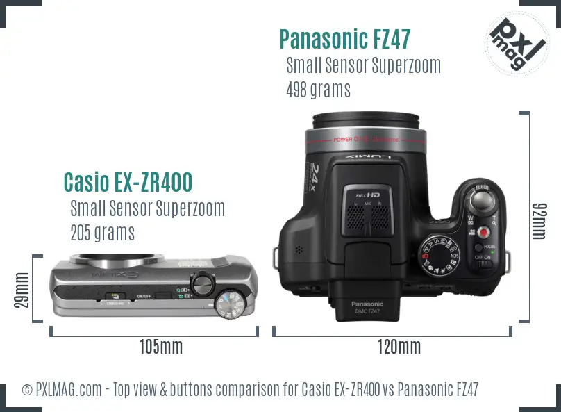 Casio EX-ZR400 vs Panasonic FZ47 top view buttons comparison Casio EX-ZR400 vs Panasonic FZ47 top view buttons comparison