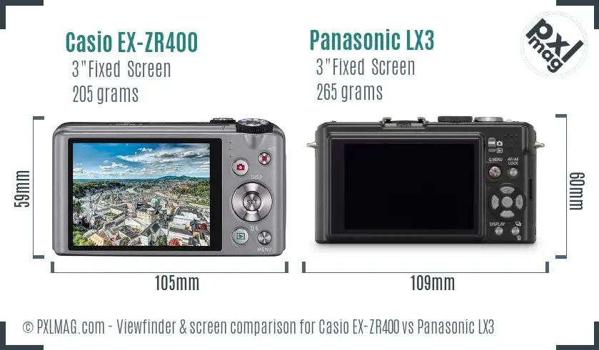 Casio EX-ZR400 vs Panasonic LX3 Screen and Viewfinder comparison