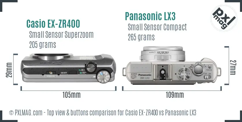 Casio EX-ZR400 vs Panasonic LX3 top view buttons comparison