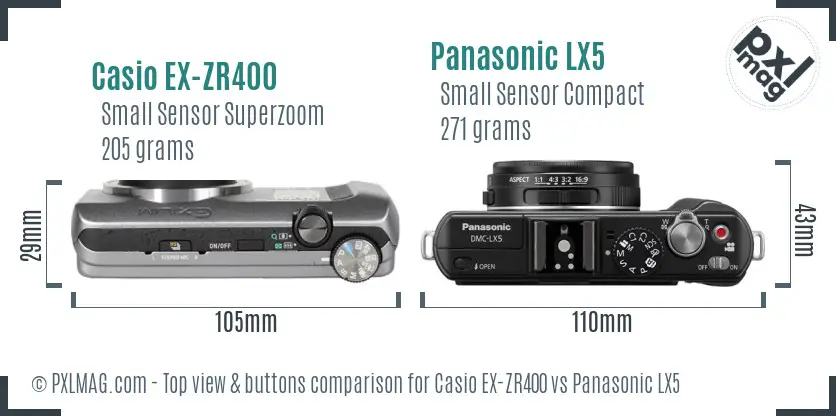 Casio EX-ZR400 vs Panasonic LX5 top view buttons comparison Casio EX-ZR400 vs Panasonic LX5 top view buttons comparison