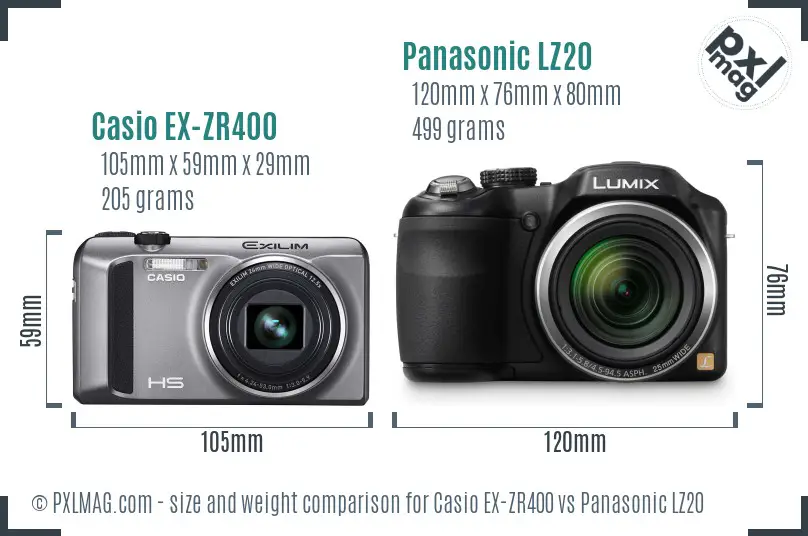 Casio EX-ZR400 vs Panasonic LZ20 size comparison