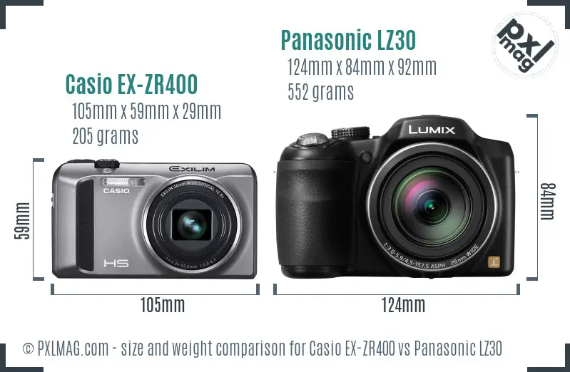 Casio EX-ZR400 vs Panasonic LZ30 size comparison