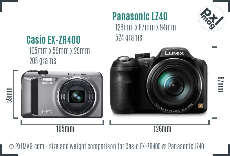 Casio EX-ZR400 vs Panasonic LZ40 size comparison
