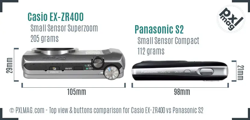 Casio EX-ZR400 vs Panasonic S2 top view buttons comparison