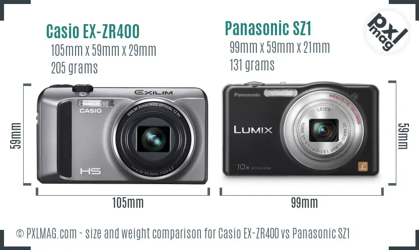 Casio EX-ZR400 vs Panasonic SZ1 size comparison