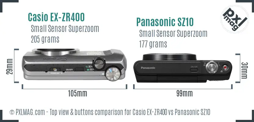 Casio EX-ZR400 vs Panasonic SZ10 top view buttons comparison Casio EX-ZR400 vs Panasonic SZ10 top view buttons comparison